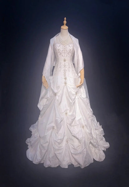 Robe de bal vintage à fines bretelles en taffetas blanc avec cape, perles, volants, robe de mariée longue RB4331