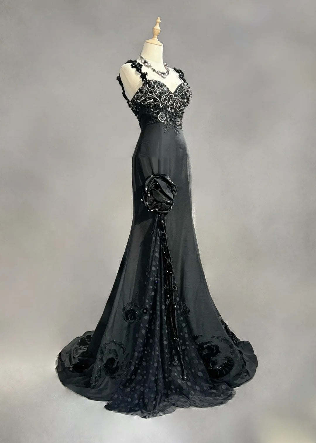 Robes de bal vintage, inspiration sirène, fines bretelles, noires, longues, années 1990, avec applications de perles, robes de soirée N3378