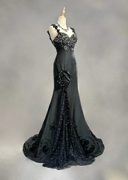 Robes de bal vintage, inspiration sirène, fines bretelles, noires, longues, années 1990, avec applications de perles, robes de soirée N3378