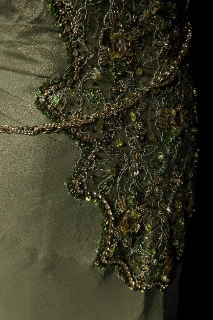 Robes de bal vintage sirène en mousseline vert olive avec perles Tenues de soirée formelles N3854