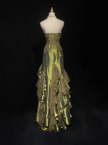 Vintage Abschlussballkleider Meerjungfrau Sweetheart Olivgrün Satin mit Perlenbesatz 1980er Jahre Langes Abendkleid N2622