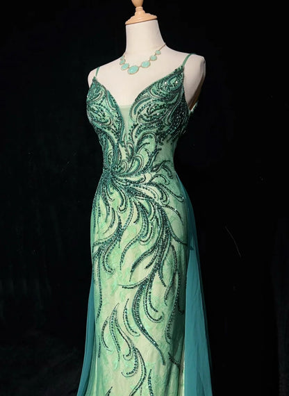 Robes de bal vintage sirène à fines bretelles vertes perlées années 90 longue robe de soirée formelle N2649
