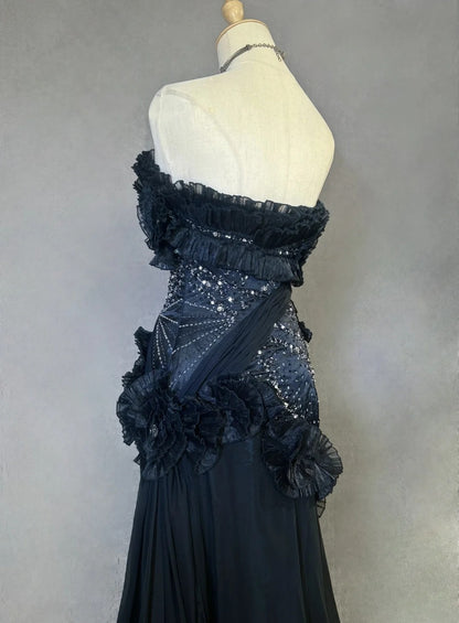 Vintage Prom Dresses Meerjungfrau Sweetheart Black Tie Kleid Chiffon mit Perlen 1980er Jahre Lange Abendkleid N2621