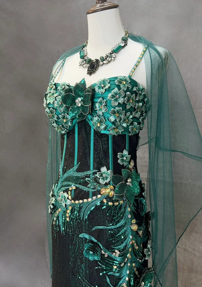 Vintage Prom Dresses Inspo Mermaid Spaghetti Strap Black Tulle Blue Lace With Beading For Women Formal Dress N3216