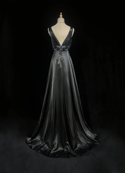 Robes de bal vintage Trapèze Empire Satin Noir Perlées Années 1980 Longue Robe de soirée N2624