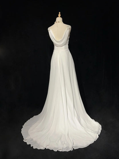 Bescheidene Brautkleider A-Linie V-Ausschnitt Chiffon Strand Sommer mit Perlen Lange Brautkleid N2999