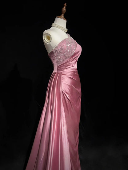 Vintage Promkleider Inspo Meerjungfrau Ein-Schulter-Satin mit Perlen Schlitz 80er Jahre Langes Ballkleid N2735