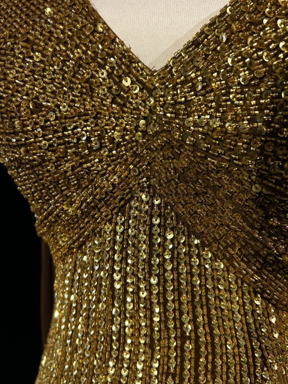 Robe de soirée sirène vintage des années 2000 à une épaule, à sequins dorés, longue robe de bal étincelante N2574