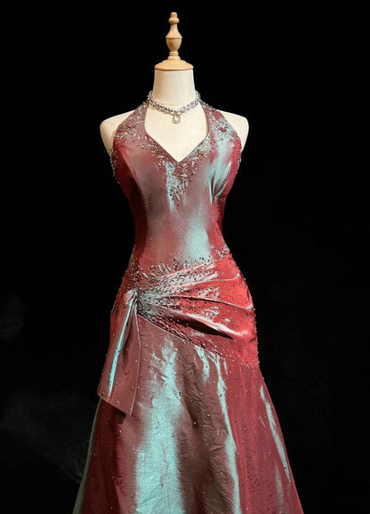 Vintage-Abschlussballkleider 1980er Ballkleid Neckholder Bodenlang Satin mit plissierter Perlenstickerei Abendmode N3126