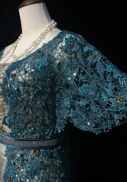 Vintage Ballkleider Inspo Meerjungfrau Spitze Blau Tüll Spitze 80er mit Applikationen Formelle Kleider N3366