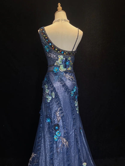 Vintage Ballkleider Meerjungfrau Träger Hellblaue Spitze mit Blumen Lange Abendkleider N3440