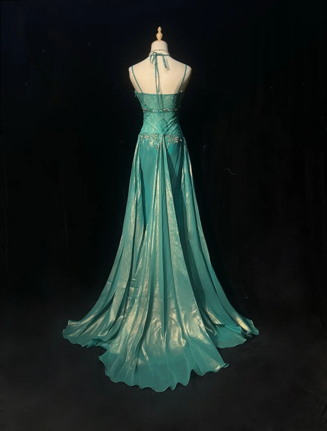 Elegantes A-Linien-Spaghettiträger-Kleid aus blauem Chiffon mit besticktem Oberteil, langes Ballkleid N2724