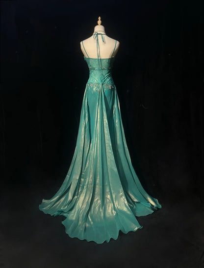 Elegantes A-Linien-Spaghettiträger-Kleid aus blauem Chiffon mit besticktem Oberteil, langes Ballkleid N2724