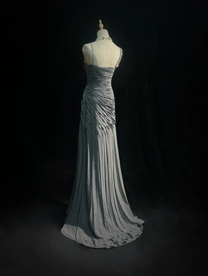 Robes de bal simples Sirène Bretelles fines Grises Mousseline Longueur ras du sol Volants Robe de soirée formelle N3685