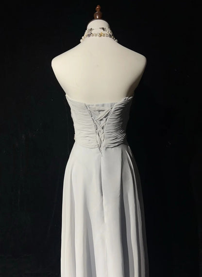 Robes de bal vintage en mousseline de soie grise sans bretelles coupe trapèze avec corsage perlé sans manches années 90 longue robe de soirée formelle N2636