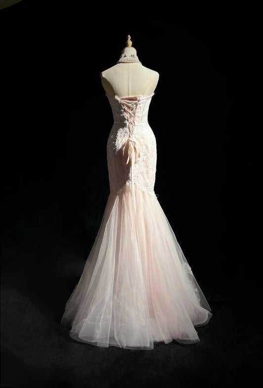 Vintage Prom Dresses Mermaid Sweetheart Pink Lace With Ruffles Long Formal Dress N2498