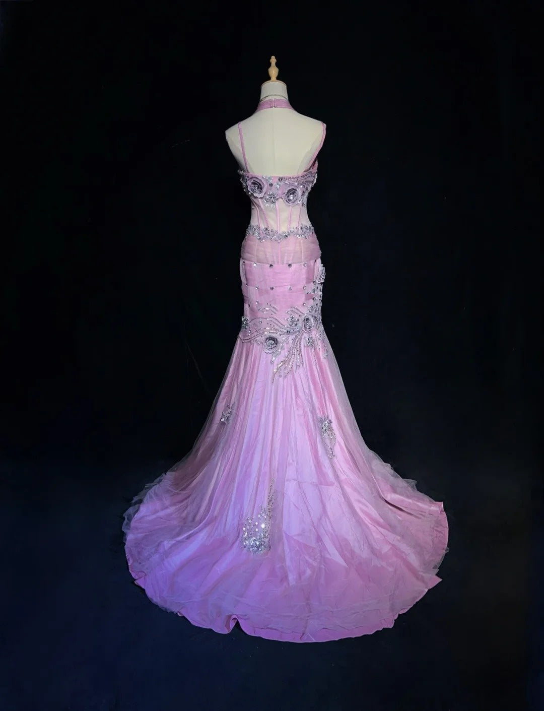 Robes de bal modestes sirène licou tulle lilas avec perles dentelle longue robe de soirée formelle N3882