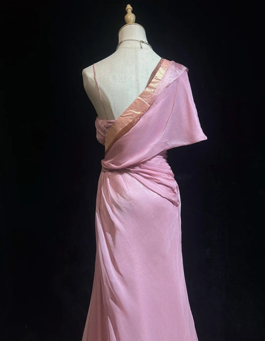 Vintage Prom Dresses Mermaid Pink Chiffon With Beading Applique 1970s Long Formal Gown N2620