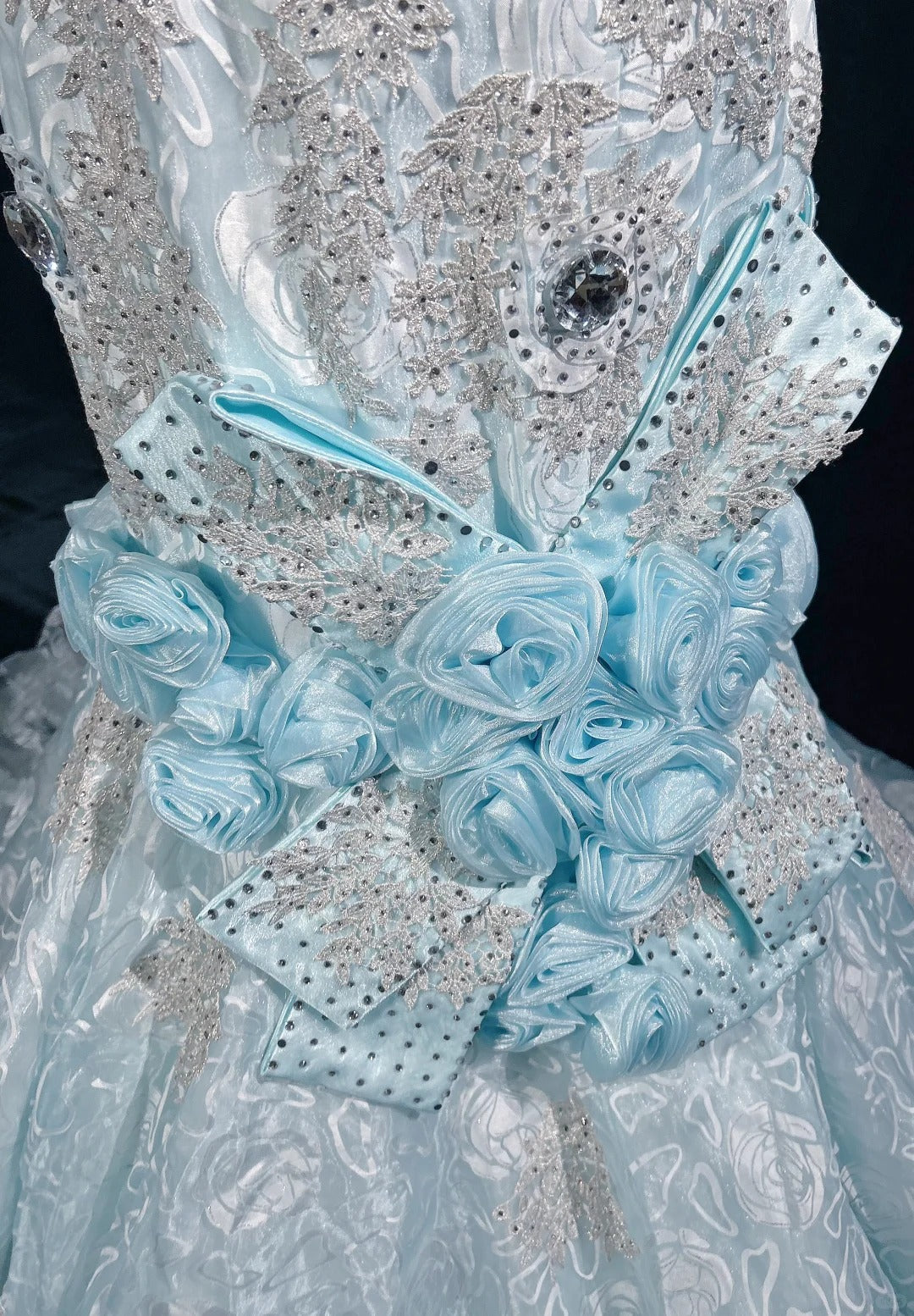 Belles Robes de Bal Sirène Bretelles Fines Bleu Ciel avec Fleurs Perles Longues Tenues de Soirée N3319