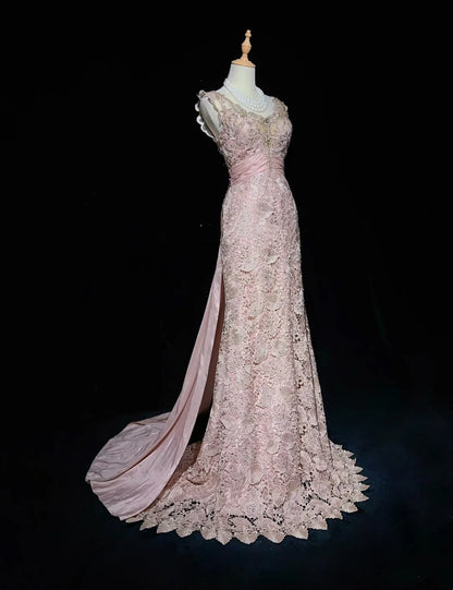 Vintage Abschlussballkleider 1960er Jahre Meerjungfrau V-Ausschnitt Rosa Spitze mit appliziertem perlenbesetztem langen Abschlussballkleid N3107