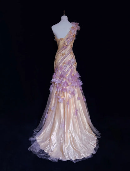 Robes de bal années 90 de rêve Sirène Asymétrique Lilas avec Fleurs 3D Tenues de soirée formelles N3802