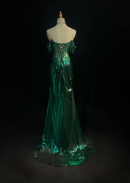 Robes de bal modestes d'inspiration sirène, épaules dénudées, vert émeraude foncé, fente, dentelle, robes de soirée longues années 80 N3389