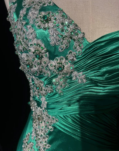 Robes de bal vintage coupe trapèze asymétrique en satin vert des années 70 avec appliques en dentelle longue robe de soirée N2529