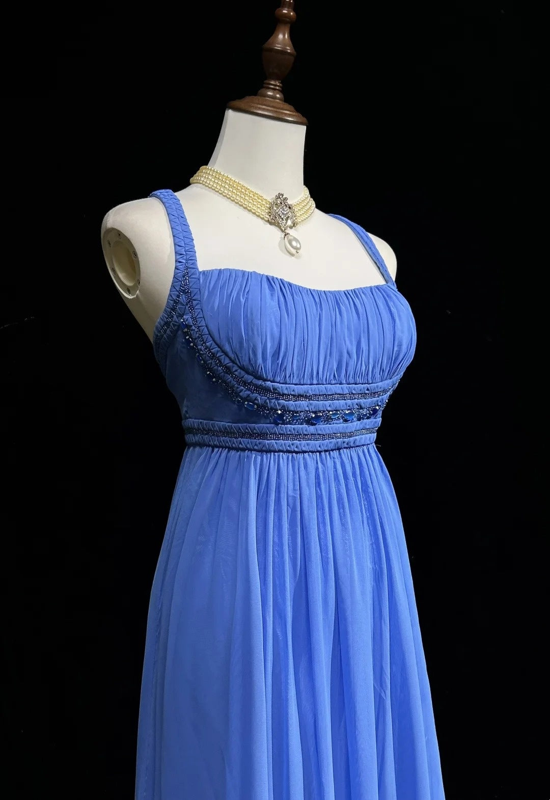 Robes de bal vintage en mousseline bleue avec bretelles spaghetti, coupe trapèze, perlées, longue robe de soirée N2446
