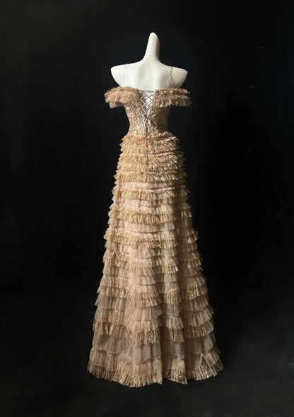Robes de bal vintage Ligne A Bretelles fines Dentelle dorée Avec manches Robe de soirée formelle années 80 RB3268
