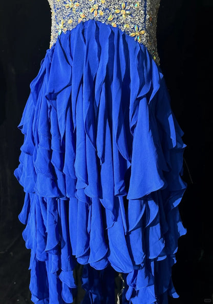 Vintage Prom Dresses 1950s High Low One Shoulder Royal Blue Chiffon With Layered Tiered Sleeveless Evening Formal Outfits RB4326