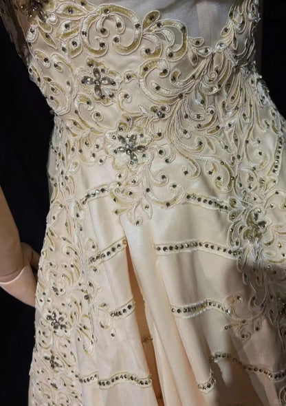 Robes de bal vintage des années 80, robe de soirée, épaules dénudées, couleur champagne avec perles, tenues de soirée N3468