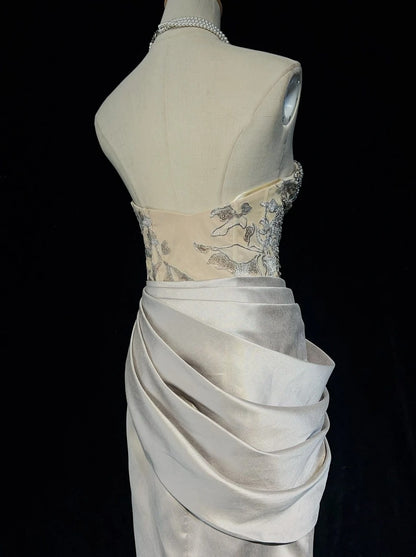 Robes de bal vintage des années 80 sirène bustier gris argenté avec perles tenues de soirée semi-formelles N3638