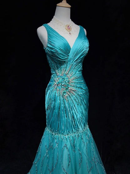 Bescheidene Abschlussballkleider Inspiration Meerjungfrauen-V-Ausschnitt Blau mit Rüschen und Perlen für Damen Formelles Kleid N3234