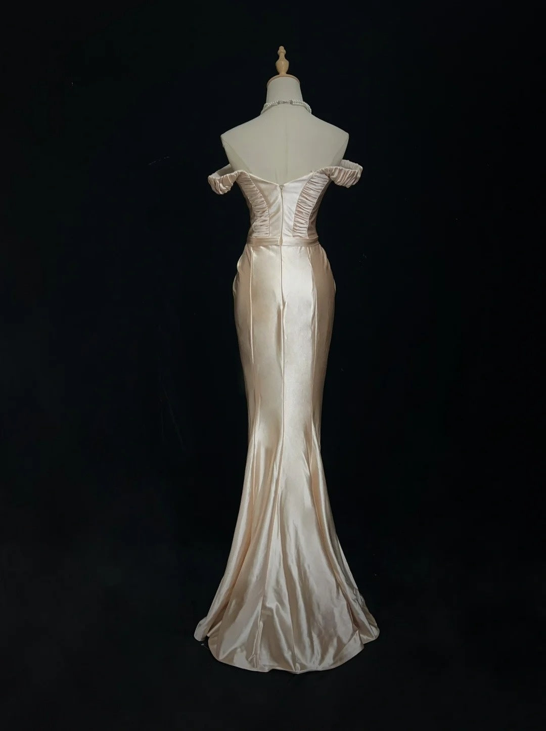 Robes de bal vintage des années 90, sirène, épaules dénudées, en satin champagne, longue robe de bal N3010
