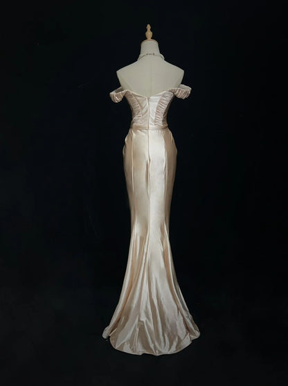 Robes de bal vintage des années 90, sirène, épaules dénudées, en satin champagne, longue robe de bal N3010