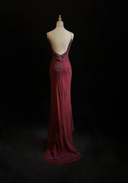 Robes de bal uniques, coupe asymétrique, bretelles fines, bordeaux, sans manches, avec perles, robe de soirée semi-formelle N3794