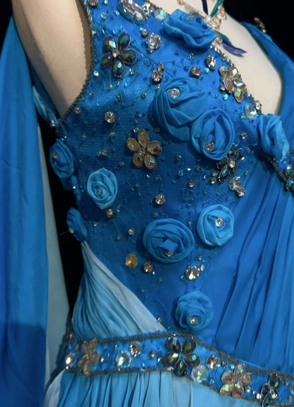 Inspiration Robes de bal Vintage Sirène Col V Bleu Royal Mousseline de Soie avec Fleurs Perles Années 80 Robe de Soirée Longue N2743