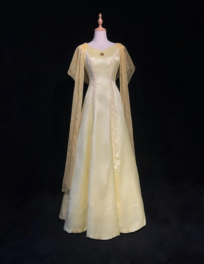 Robes de bal vintage des années 50, rétro chic, coupe trapèze, encolure dégagée, tenues de soirée en satin jaune avec écharpe N3011