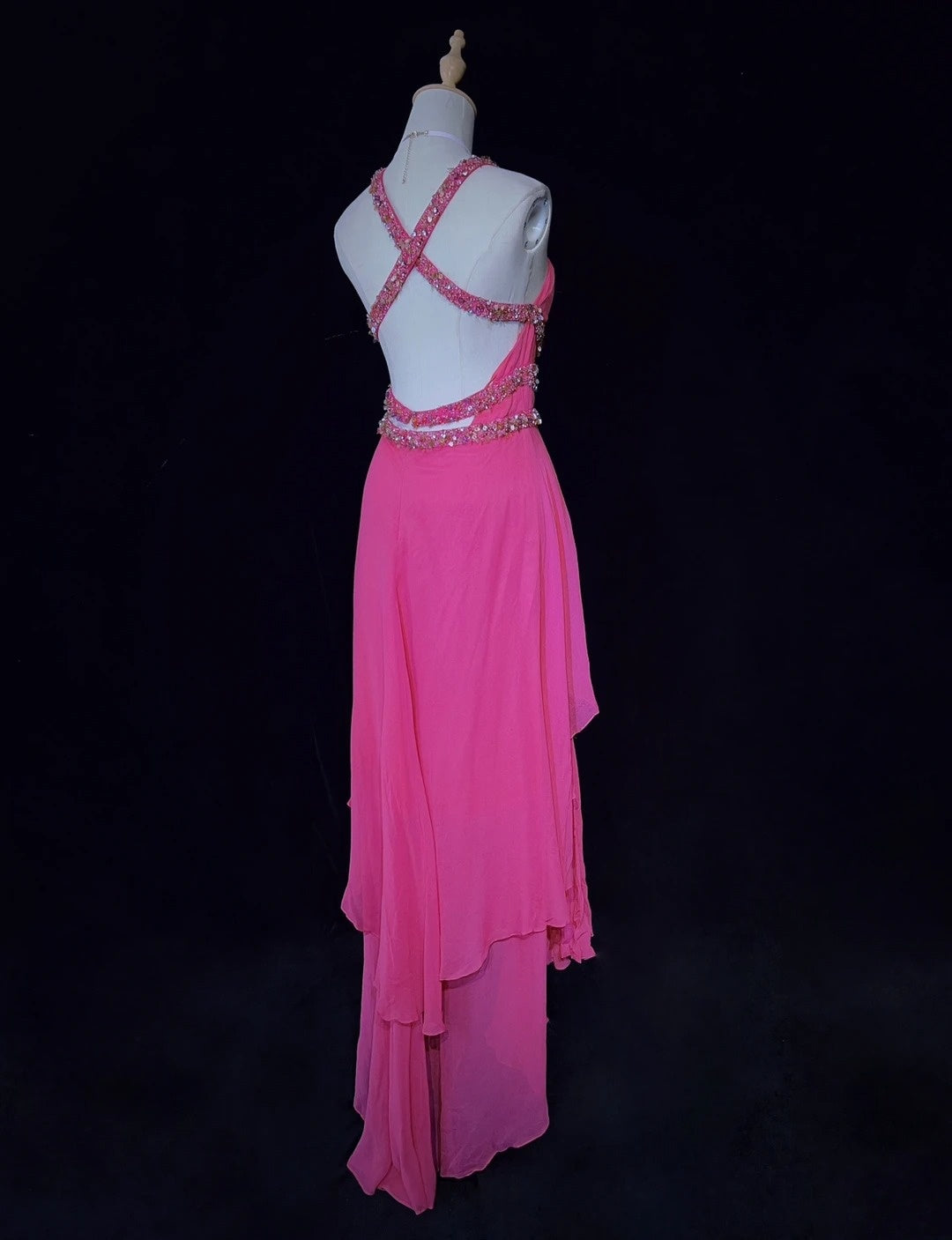 Glamour Ballkleider High-Low Neckholder Hot Pink Chiffon Mit Perlen Abendkleider N3842