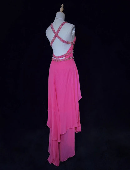 Glamour Ballkleider High-Low Neckholder Hot Pink Chiffon Mit Perlen Abendkleider N3842