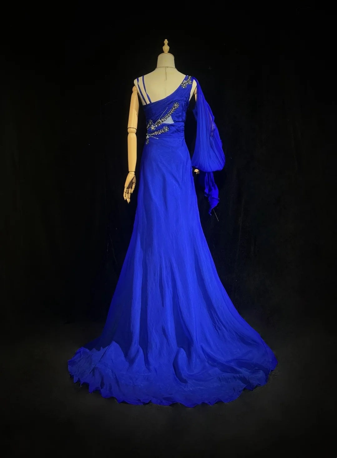 Vintage Abschlussballkleider Inspo Meerjungfrau, One Shoulder, Königsblau mit langen Ärmeln, Perlen, 80er Jahre, langes Abendkleid N2740