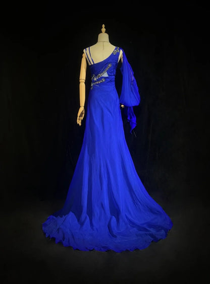 Vintage Abschlussballkleider Inspo Meerjungfrau, One Shoulder, Königsblau mit langen Ärmeln, Perlen, 80er Jahre, langes Abendkleid N2740