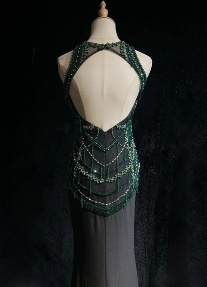 Vintage Prom Dresses Mermaid Scoop With Sparkle Beaded Backless Black 80s Evening Formal Dress RB3270