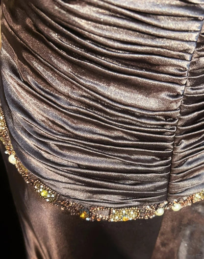 Robes de bal vintage Trapèze Col Américain Marron Sans Manches Satin avec Cape Perles Années 1980 Longue Robe de Soirée N2864