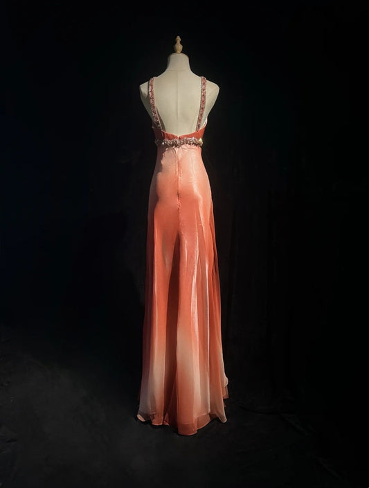 Vintage Y2K Mermaid 2000s Orange Ombre Gown Gradient Colors Halter Formal Dress Prom Dresses N2569