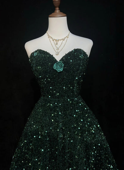 Robe de bal vintage en cœur vert foncé à sequins Y2K Années 2000 Mini robes de retour à la maison N3108