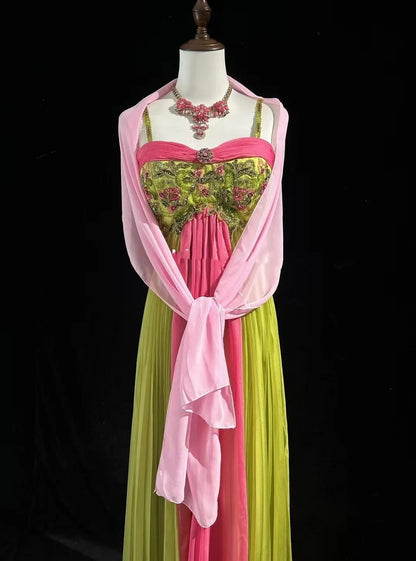 Robes de bal vintage Trapèze Bretelles fines Mousseline rose et verte avec perles Robe de soirée longue années 60 N2610