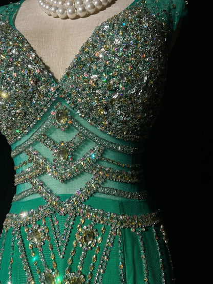 Vintage Sirène Col en V Vert Dos Nu Robes de Soirée Longues de Bal Tenues Formelles RB3941