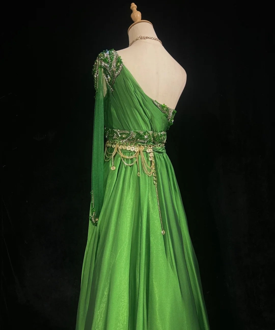 Sexy A-Linien-Kleid, One-Shoulder, Grün, Chiffon mit Perlen, Strasssteinen, Ballkleid, Lang, Abendkleid N2697