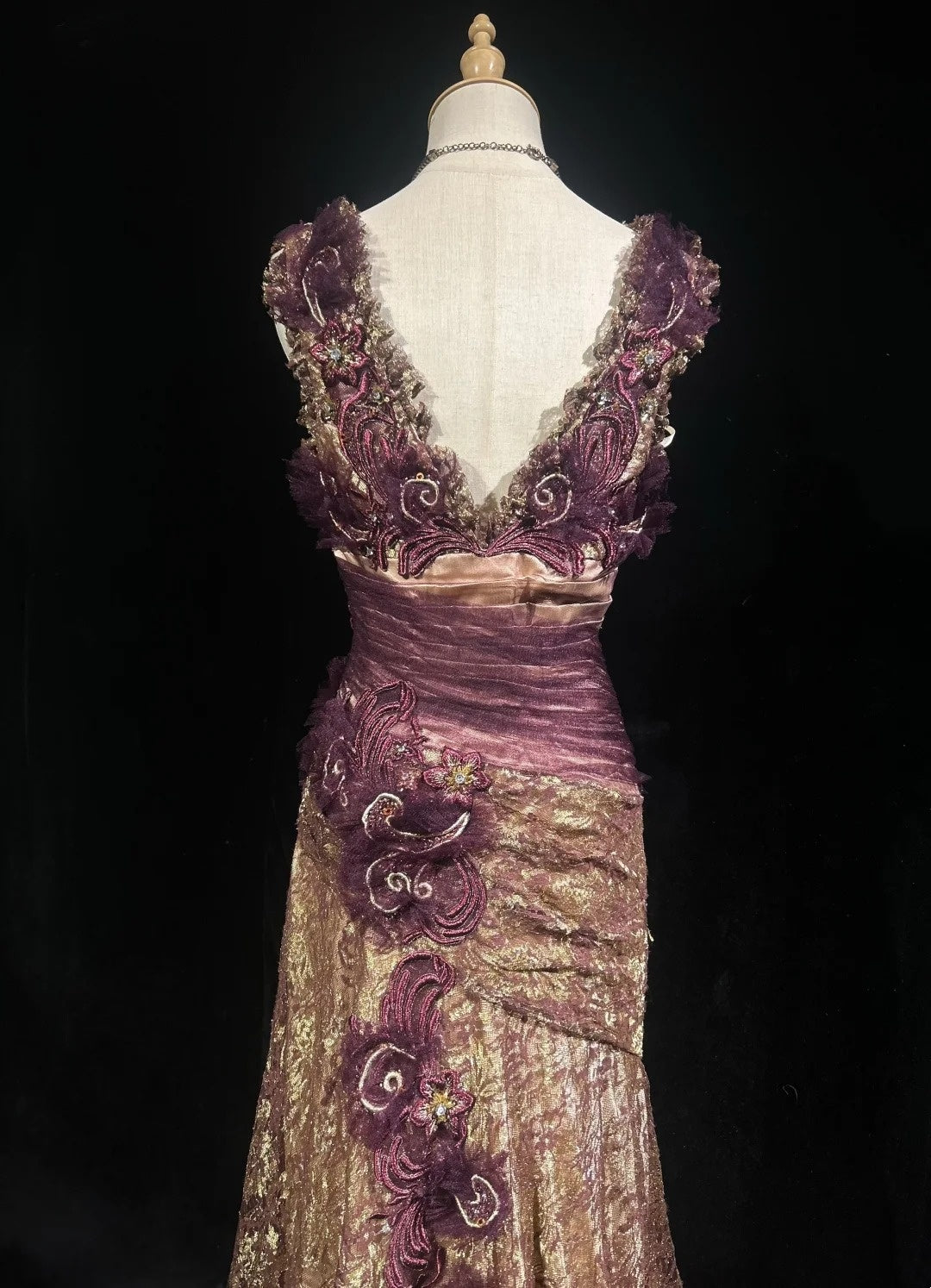 Robes de bal vintage sirène col en V dentelle dorée avec fleurs tenues de soirée formelles longues années 80 N3881